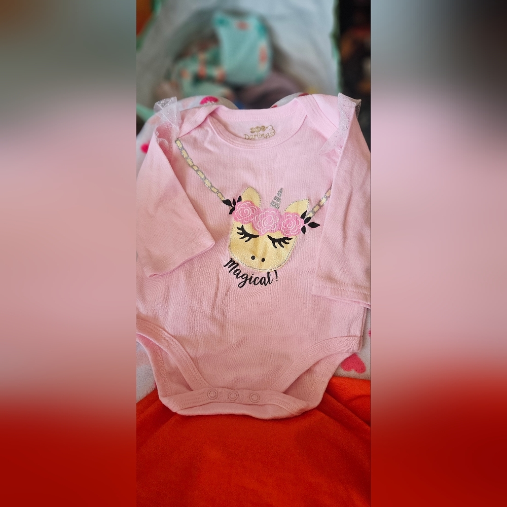 Darling 6-9 month pink unicorn long sleeve onesie
